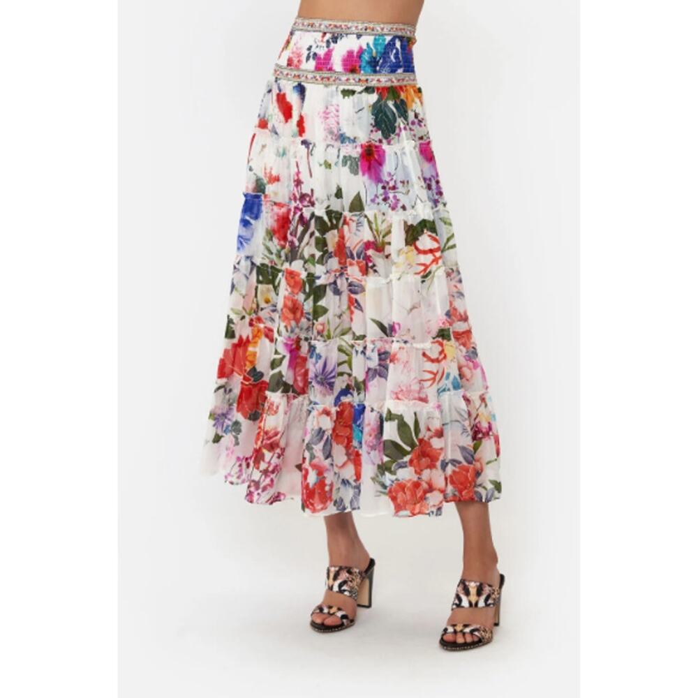 CAMILLA Shirred Waist Tiered Circle Skirt Women's Size Medium Silk Colorful Glam - Picture 11 of 12